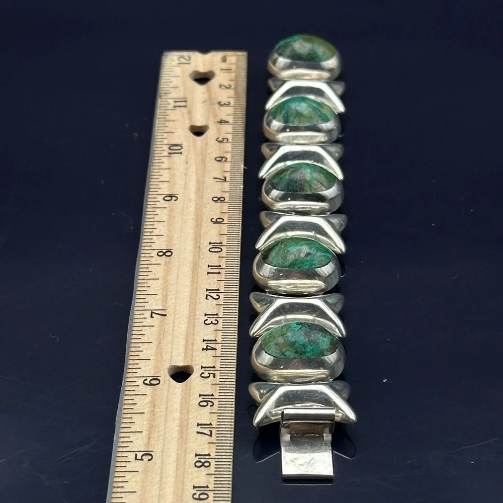 Mexican Sterling Silver Green Stone Bracelet Taxco Hallmark - Picture 6 of 8